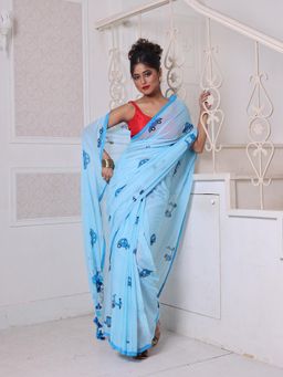 CHARUKRITI - Sky Blue Bengali Style Mulmul Cotton Soft Saree Without Blouse