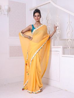 CHARUKRITI - Patch Work Borders Yellow Solid Mulmul Cotton Soft Saree Without Blouse