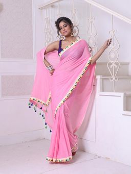 CHARUKRITI - Patch Work Borders Pink Solid Mulmul Cotton Soft Saree Without Blouse