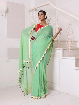 CHARUKRITI - Patch Work Borders Light Green Solid Mulmul Cotton Soft Saree Without Blouse
