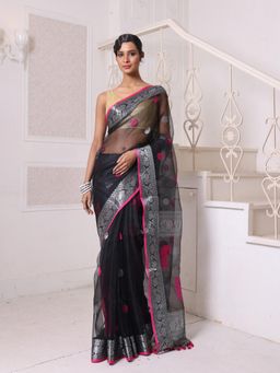 CHARUKRITI - Zari Woven Nakshi Borders Black Muslin Saree with Unstitched Blouse