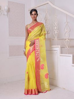 CHARUKRITI - Zari Woven Nakshi Borders Yellow Muslin Saree with Unstitched Blouse