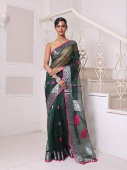 CHARUKRITI - Zari Woven Nakshi Borders Emerald Green Muslin Saree with Unstitched Blouse
