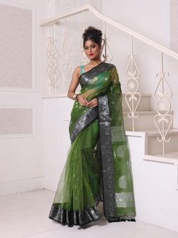 CHARUKRITI - Zari Woven Nakshi Borders Green Muslin Saree with Unstitched Blouse