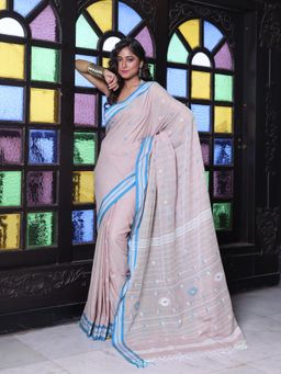 CHARUKRITI - Floral Buttas Beige Cotton Handwoven Saree with Unstitched Blouse