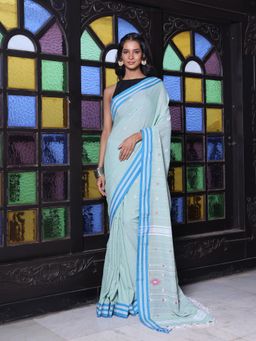 CHARUKRITI - Floral Buttas Pistachio Green Cotton Handwoven Saree with Unstitched Blouse