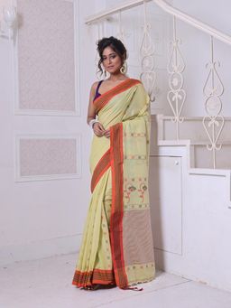 CHARUKRITI - Floral Buttas Lemon Yellow Cotton Handwoven Saree with Unstitched Blouse