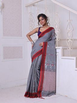 CHARUKRITI - Floral Buttas Grey Cotton Handwoven Saree with Unstitched Blouse