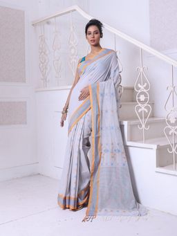 CHARUKRITI - Floral Buttas Beige Cotton Handwoven Saree with Unstitched Blouse