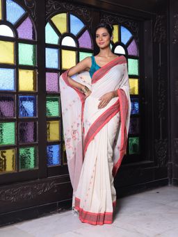 CHARUKRITI - Floral Buttas White Cotton Handwoven Saree with Unstitched Blouse