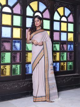 CHARUKRITI - Texture Borders Beige Cotton Handwoven Saree with Unstitched Blouse