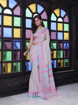 CHARUKRITI - Texture Borders Beige Cotton Handwoven Saree with Unstitched Blouse