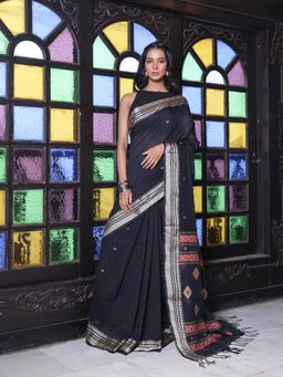CHARUKRITI - Texture Motifs Black Cotton Handwoven Saree with Unstitched Blouse