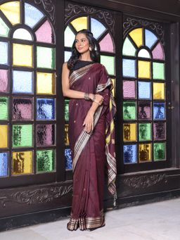 CHARUKRITI - Texture Motifs Dark Chocolate Cotton Handwoven Saree with Unstitched Blouse