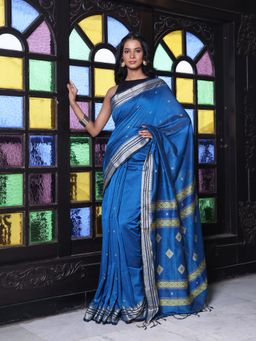 CHARUKRITI - Texture Motifs Sapphire Blue Cotton Handwoven Saree with Unstitched Blouse