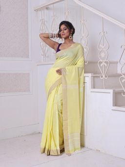 CHARUKRITI - Texture Motifs Yellow Cotton Handwoven Saree with Unstitched Blouse