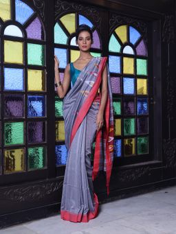 CHARUKRITI - Texture Motifs Grey Cotton Soft Saree with Unstitched Blouse
