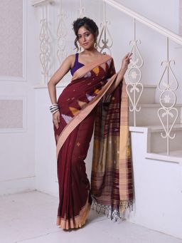 CHARUKRITI - Texture Motifs Brown Cotton Soft Saree with Unstitched Blouse