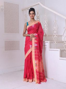 CHARUKRITI - Texture Motifs Red Cotton Soft Saree with Unstitched Blouse