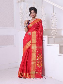 CHARUKRITI - Red Cotton Zari Border Saree with Unstitched Blouse