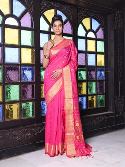 CHARUKRITI - Hot Pink Cotton Zari Border Saree with Unstitched Blouse