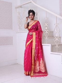 CHARUKRITI - Bright Pink Cotton Zari Border Saree with Unstitched Blouse