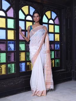 CHARUKRITI - Off White Cotton Zari Border Saree with Unstitched Blouse