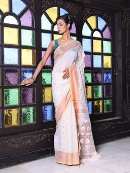 CHARUKRITI - Beige Cotton Zari Border Saree with Unstitched Blouse