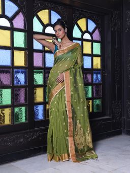 CHARUKRITI - Mehendi Green Cotton Zari Border Saree with Unstitched Blouse