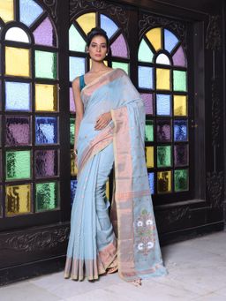 CHARUKRITI - Sky Blue Cotton Zari Border Saree with Unstitched Blouse