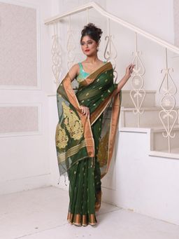 CHARUKRITI - Green Cotton Zari Border Saree with Unstitched Blouse