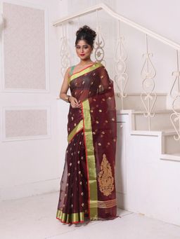 CHARUKRITI - Maroon Cotton Zari Border Saree with Unstitched Blouse