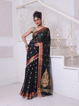 CHARUKRITI - Black Cotton Zari Border Saree with Unstitched Blouse