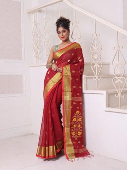 CHARUKRITI - Maroon Cotton Zari Border Saree with Unstitched Blouse