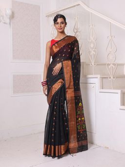 CHARUKRITI - Black Cotton Zari Border Saree with Unstitched Blouse