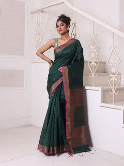 CHARUKRITI - All Over Zari Weaving Forest Green Cotton Zari Border Saree with Unstitched Blouse