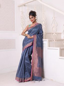 CHARUKRITI - All Over Zari Weaving Grey Cotton Zari Border Saree with Unstitched Blouse
