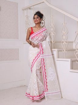 CHARUKRITI - Off White with Pink Cotton Handwoven Jamdani Saree Without Blouse