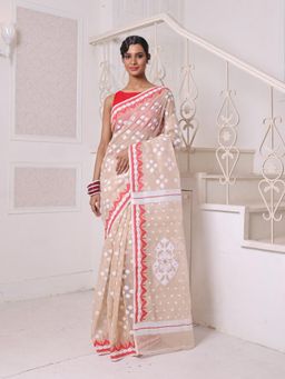 CHARUKRITI - Beige Cotton Handwoven Jamdani Saree Without Blouse
