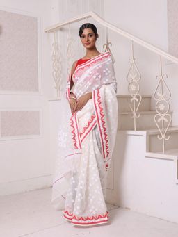 CHARUKRITI - Off White with Red Cotton Handwoven Jamdani Saree Without Blouse