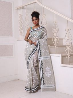 CHARUKRITI - Grey Cotton Handwoven Jamdani Saree Without Blouse