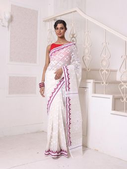 CHARUKRITI - Off White with Purple Cotton Handwoven Jamdani Saree Without Blouse