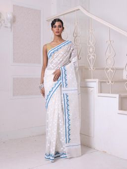 CHARUKRITI - Off White with Blue Cotton Handwoven Jamdani Saree Without Blouse