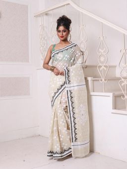 CHARUKRITI - Beige Cotton Handwoven Jamdani Saree Without Blouse