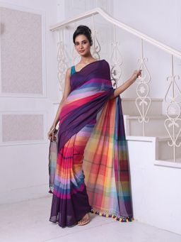 CHARUKRITI - Violet and Multi-Color Colorblock Mulmul Cotton Saree Without Blouse