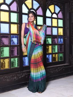 CHARUKRITI - Bottle Green and Multi-Color Colorblock Mulmul Cotton Saree Without Blouse
