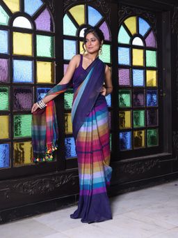CHARUKRITI - Navy Blue and Multi-Color Colorblock Mulmul Cotton Saree Without Blouse