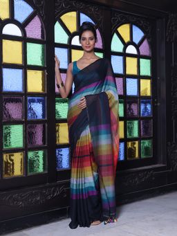 CHARUKRITI - Black and Multi-Color Colorblock Mulmul Cotton Saree Without Blouse