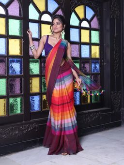 CHARUKRITI - Maroon and Multi-Color Colorblock Mulmul Cotton Saree Without Blouse