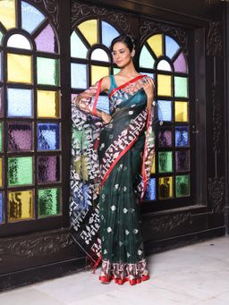 CHARUKRITI - Emerald Green Muslin Jamdani Designs Saree with Unstitched Blouse